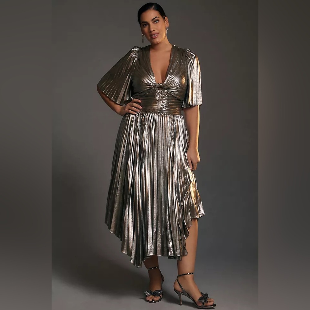 By Anthropologie Short-Sleeve Metallic Cutout Midi Dress